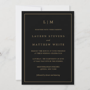 Invitation Simple Monogramme Noir et Or Élégant Mariage