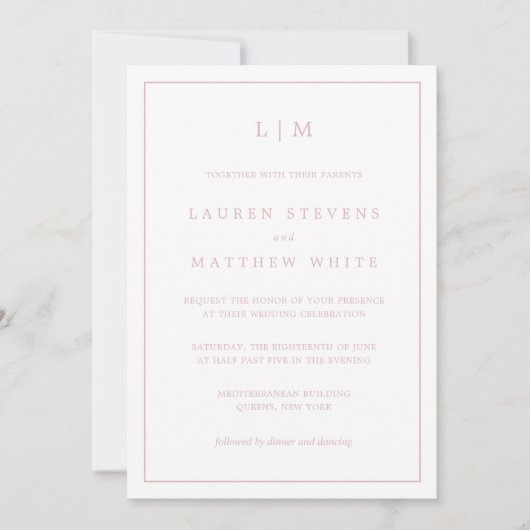Invitation Simple Monogramme Rose Clair Mariage Élégant (Devant)