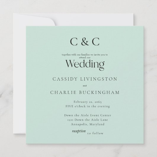 Invitation Simple Monogramme Seafoam Carré Mariage (Devant)