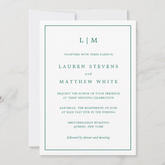 Invitation Simple Monogramme Vert Émeraude Élégant de Mariage (Devant)