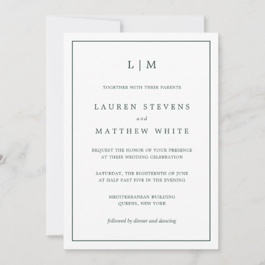 Invitation Simple Monogramme Vert Forêt Mariage Élégant (Devant)