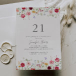 Invitation Simple Multicolor Fleur sauvage 21e fête d'anniver<br><div class="desc">Cette simple invitation à la fête du 21ème anniversaire de fleur sauvage multicolore est parfaite pour un événement moderne. Le design se compose d'un assortiment multicolore de fleurs sauvages roses,  rousses,  violettes,  jaunes,  blanches,  violettes,  rouges,  bordeaux.</div>