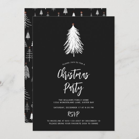 Invitation Simple Nature Black White Christmas Tree Party (Devant / Derrière)