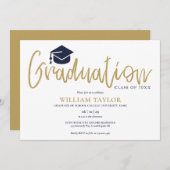 Invitation Simple Navy Blue and Gold Script Graduation Party (Devant / Derrière)