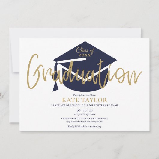 Invitation Simple Navy Blue and Gold Script Graduation Party (Devant)