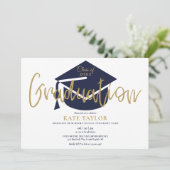 Invitation Simple Navy Blue and Gold Script Graduation Party (Debout devant)