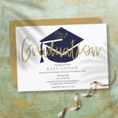 Invitation Simple Navy Blue and Gold Script Graduation Party