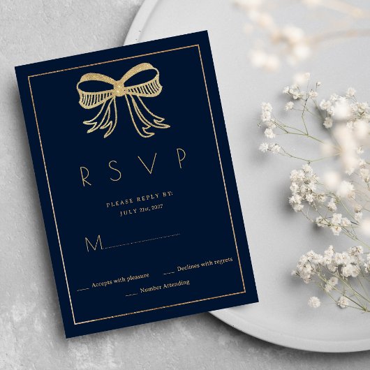 Invitation Simple navy blue gold glitter bow ribbon RSVP