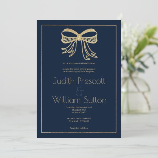 Invitation Simple navy blue gold glitter bow ribbon Wedding (Debout devant)