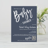 Invitation Simple Navy Blue Script Baby shower QR Code photo (Debout devant)