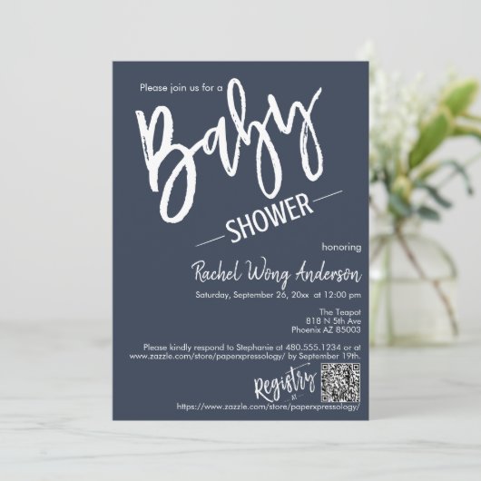 Invitation Simple Navy Blue Script Baby shower QR Code photo (Debout devant)