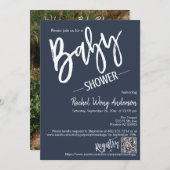 Invitation Simple Navy Blue Script Baby shower QR Code photo (Devant / Derrière)