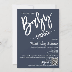 Invitation Simple Navy Blue Script Baby shower QR Code photo