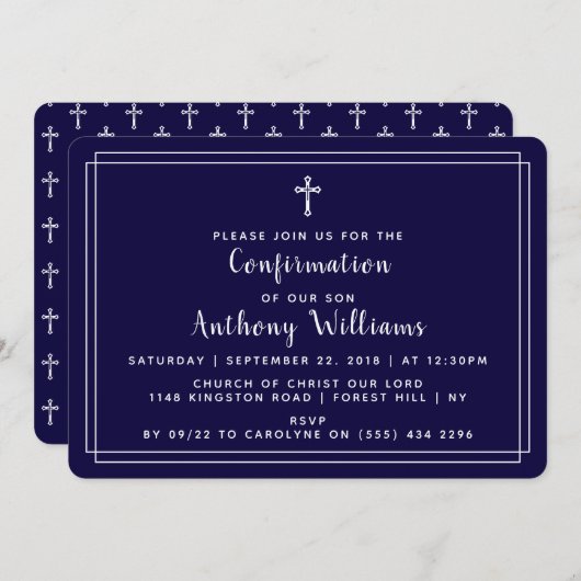 Invitation Simple Navy Blue & White Holy Cross Confirmation (Devant / Derrière)