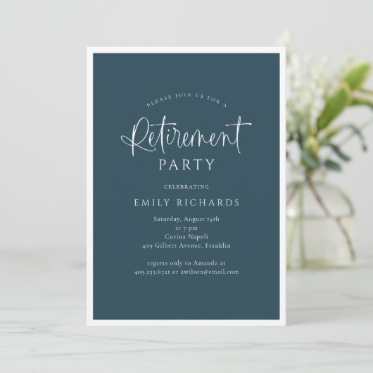 Invitation Simple Navy Calligraphy Script Retraite Party (Debout devant)