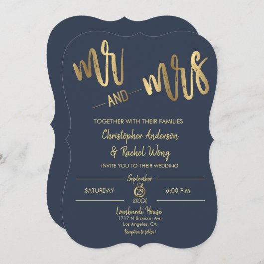 Invitation Simple Navy Gold Script M. et Mme Mariage (Devant / Derrière)