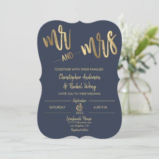 Invitation Simple Navy Gold Script M. et Mme Mariage (Debout devant)