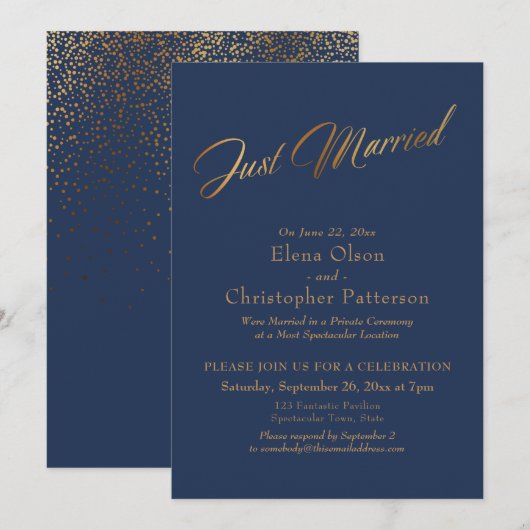 Invitation Simple Navy & Or Mariés Tout Juste Script Confetti (Devant / Derrière)