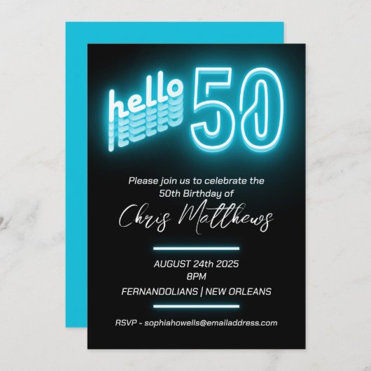 Invitation Simple Neon Blue 50e anniversaire (Devant / Derrière)