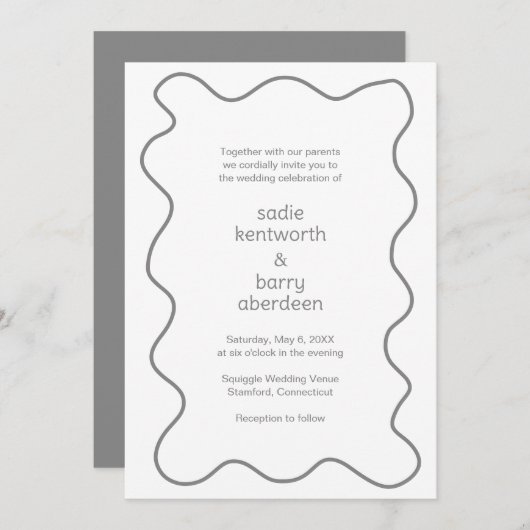 Invitation Simple Neutral Gris Squiggle Cadre Mariage moderne (Devant / Derrière)