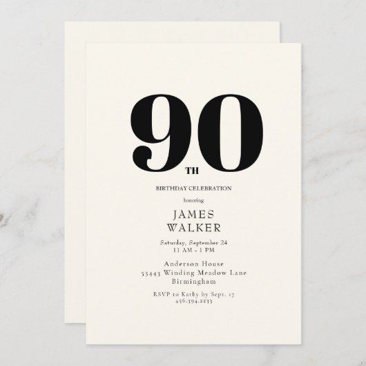 Invitation Simple Neutre 90e anniversaire (Devant / Derrière)