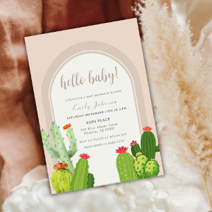 Invitation Simple Neutre Boho Cactus Arc Bonjour Baby shower