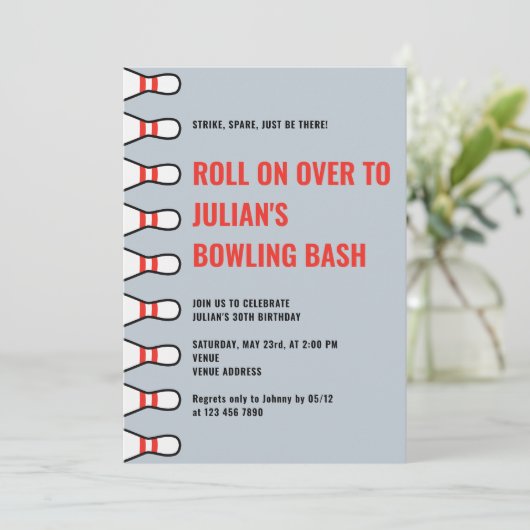 Invitation Simple n'importe quel âge Dusty Blue Bowling fête  (Debout devant)