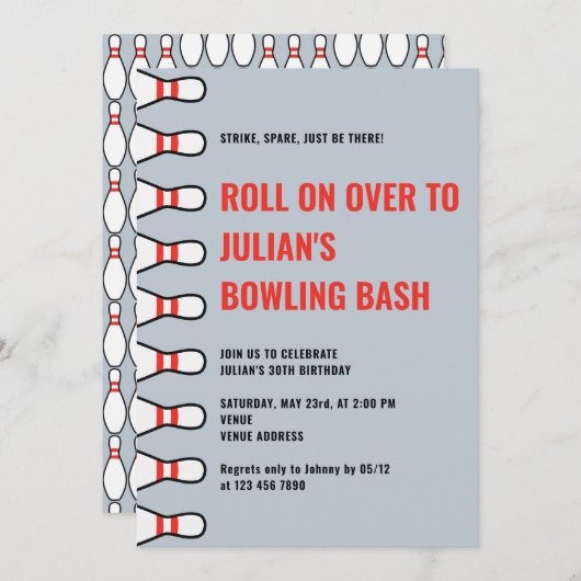 Invitation Simple n'importe quel âge Dusty Blue Bowling fête  (Devant / Derrière)