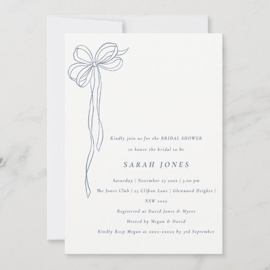 Invitation Simple Nœud Coquette Bleu Gris Mariage (Devant)