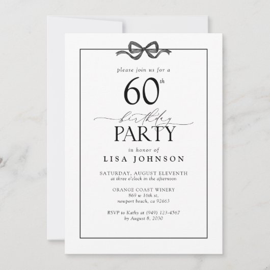 Invitation Simple Noir & Blanc 60e Anniversaire Bow (Devant)