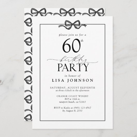 Invitation Simple Noir & Blanc 60e Anniversaire Bow (Devant / Derrière)
