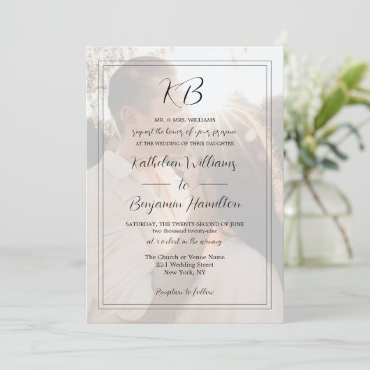 Invitation Simple Noir Blanc Formel Libellé 2 Mariage Photo (Debout devant)