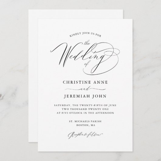Invitation Simple noir blanc Mariage de script moderne (Devant / Derrière)