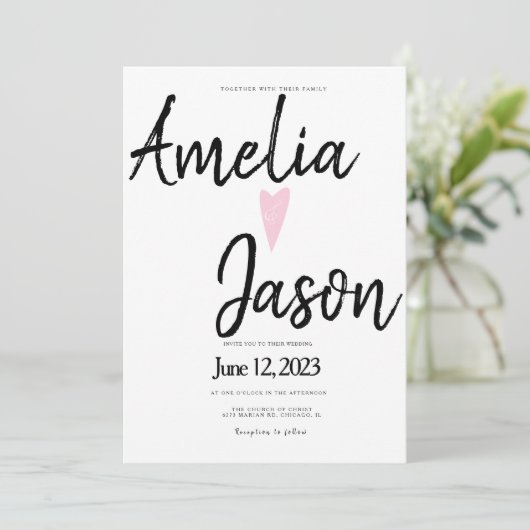 Invitation Simple Noir Blanc Marqueur Script Mariage de coeur (Debout devant)