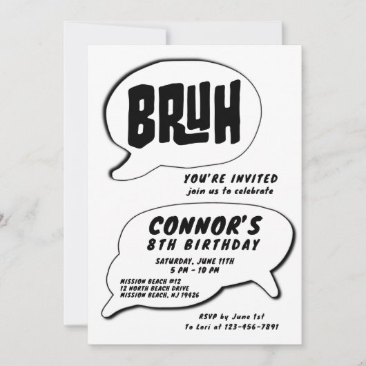 Invitation Simple Noir et Blanc Bruh anniversaire (Devant)