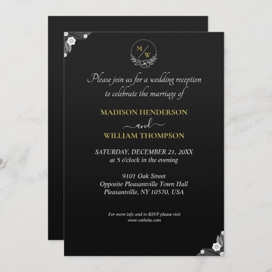 Invitation Simple Noir et Blanc Elégant Mariage Réception (Devant / Derrière)