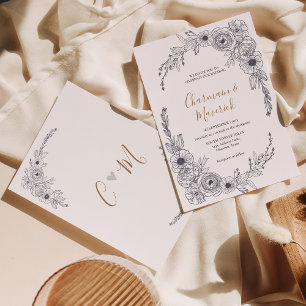 Invitation Simple noir et blanc Floral Monogramme coeur Maria