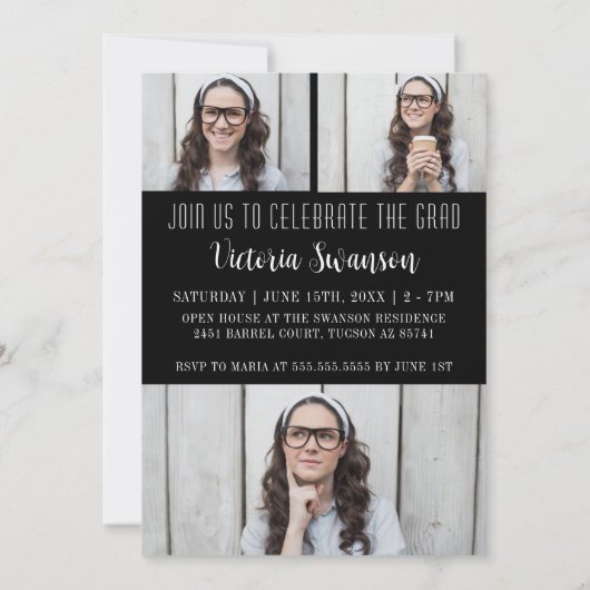 Invitation Simple noir et blanc Script 4 Photo Graduation (Dos)