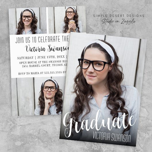 Invitation Simple noir et blanc Script 4 Photo Graduation