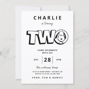 Invitation Simple Noir et Blanc Snoopy 2e anniversaire