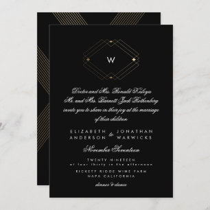 Invitation Simple Noir Moderne Monogramme Or