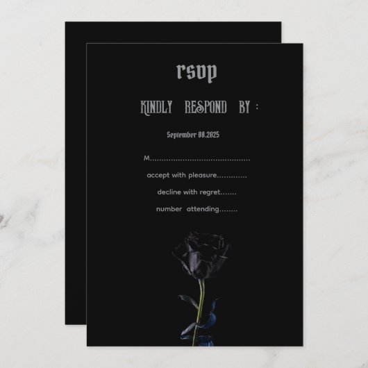 Invitation Simple noir Rose gothique RSVP (Devant / Derrière)