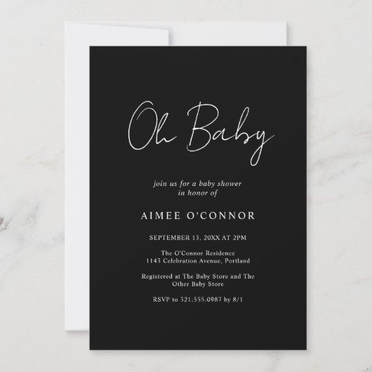 Invitation Simple noir rustique Script Baby shower élégant (Devant)