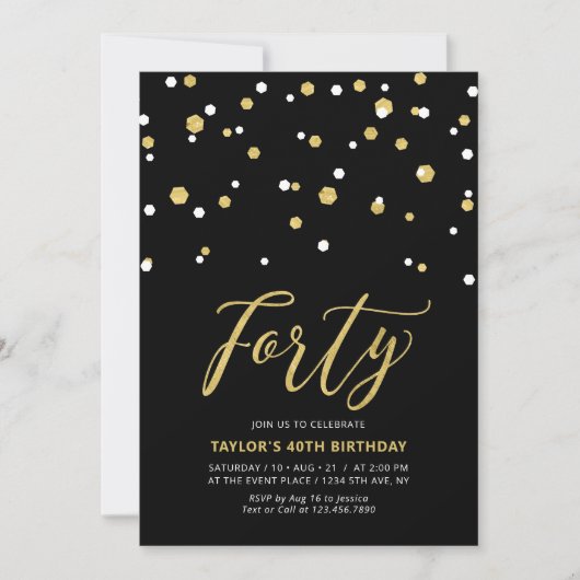 Invitation simple noire et or pour les 40 ans (Devant)