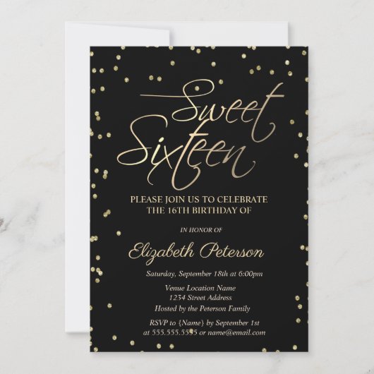Invitation Simple Or Diamants Noir Sweet 16 (Devant)