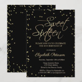 Invitation Simple Or Diamants Noir Sweet 16 (Devant / Derrière)