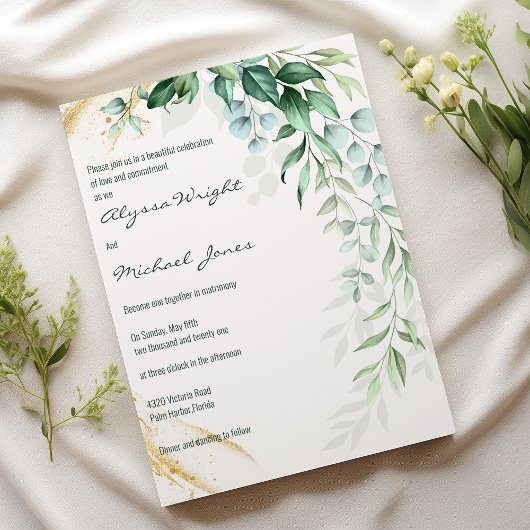 Invitation Simple or ivre doré feuillage floral mariage