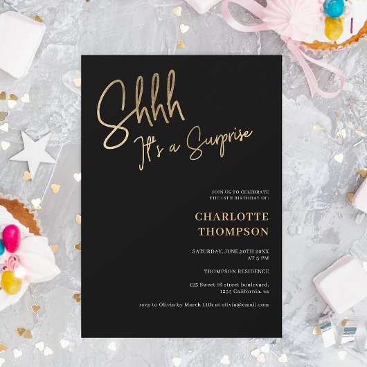 Invitation simple or moderne noir photo surprise Sweet 16