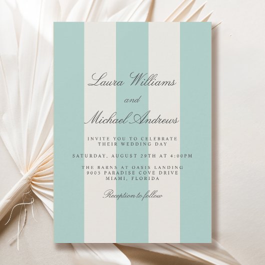 Invitation Simple Pale Teal Cabana Stripes Wedding