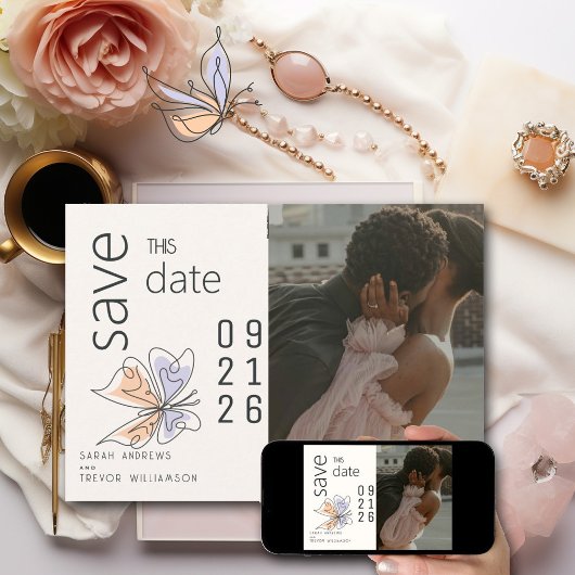 Invitation Simple papillon lunaire corail et violet